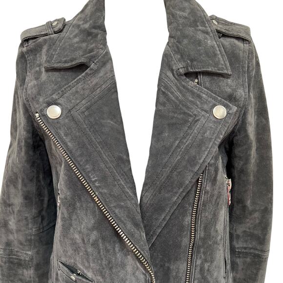 Blank NYC Small 100% Suede Leather Moto Jacket Gray Zip Pockets Asymmetrical - Picture 14 of 16